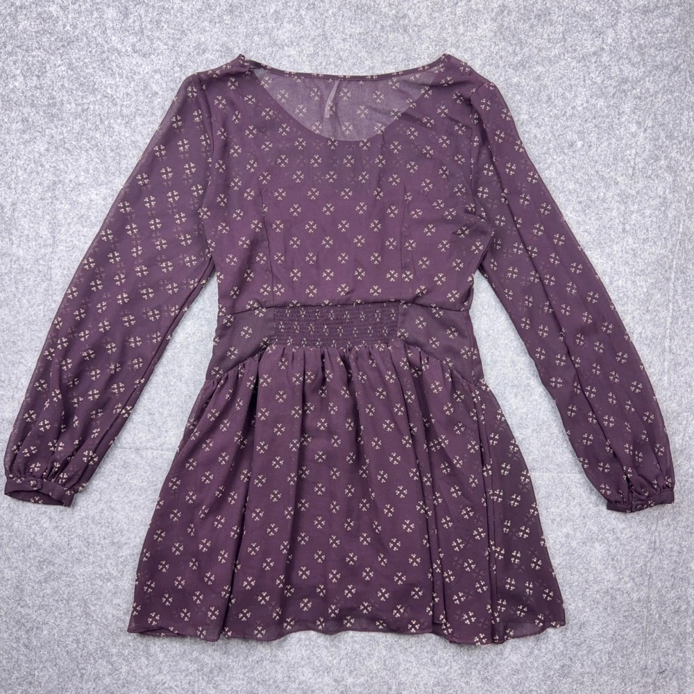 Free People Dress Womens Medium Purple Mini Long Sleeve Sheer Boho Baby Doll - Picture 8 of 12